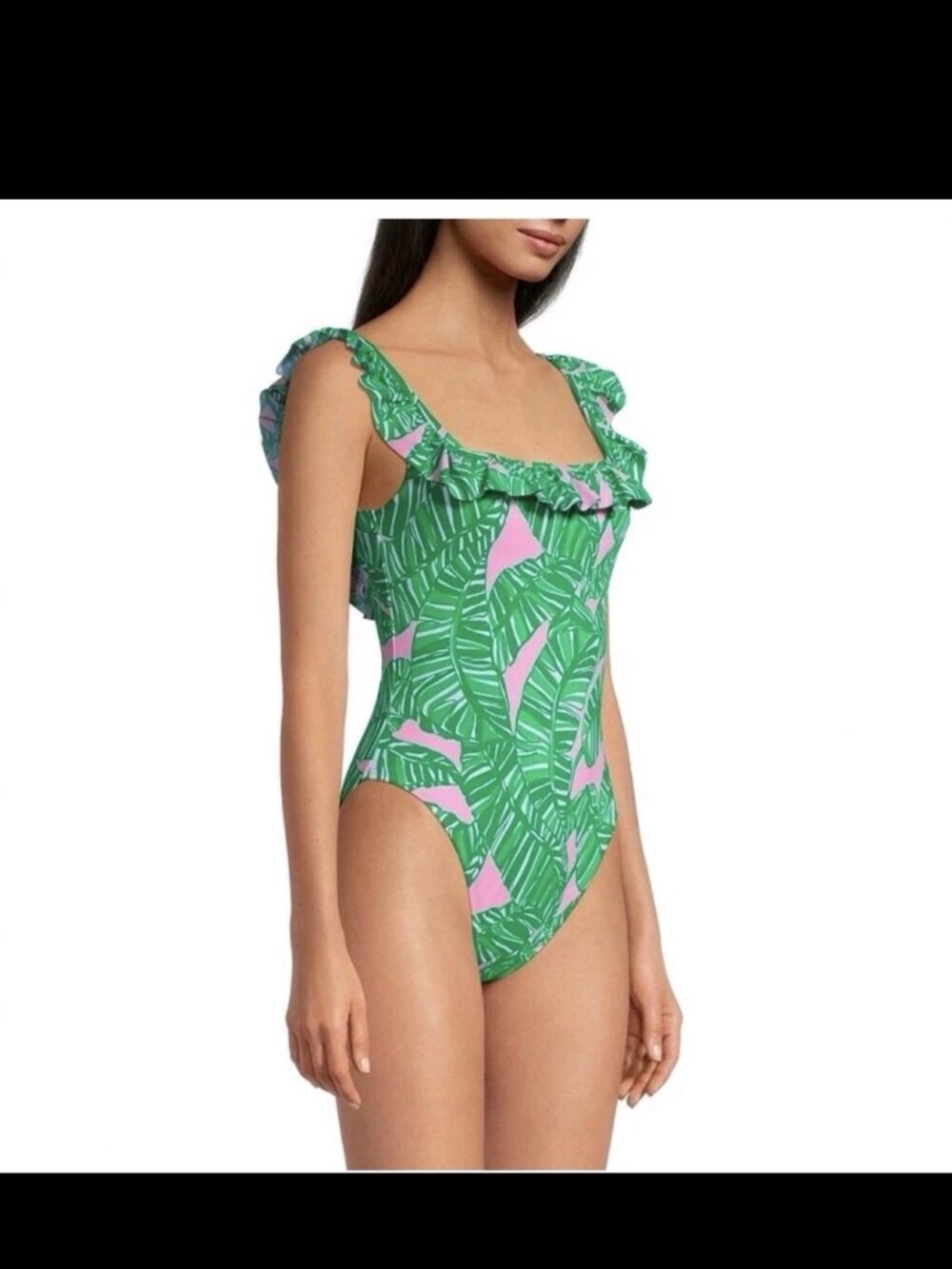 Lilly Pulitzer Aemma Ruffle One Piece Swimsuit Let's Go Bananas Pink Green 14